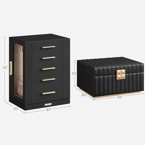 صندوق مجوهرات SONGMICS يدور 360 درجة وحزمة صندوق مجوهرات مكونة من طبقتين، حقيبة تخزين مجوهرات، 5 أدراج، تأثير عائم، نافذة زجاجية، مرآة، هدية، أسود جرافيت وحبر أسود UJBC170B01 وUJBC182B01 in Kuwait