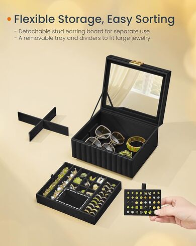 صندوق مجوهرات SONGMICS يدور 360 درجة وحزمة صندوق مجوهرات مكونة من طبقتين، حقيبة تخزين مجوهرات، 5 أدراج، تأثير عائم، نافذة زجاجية، مرآة، هدية، أسود جرافيت وحبر أسود UJBC170B01 وUJBC182B01 in Kuwait