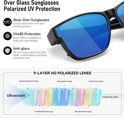 نظارات شمسية فوق الزجاج للرجال والنساء، نظارات شمسية مستقطبة مربعة خفيفة الوزن يمكن ارتداؤها فوق النظارات، حماية من الأشعة فوق البنفسجية in Kuwait