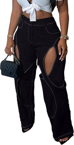SOMTHRON Women's Sexy Hollow Out High Waisted Pants Criss Cross Straight Wide Leg Loose Trousers Y2K Streetwear in Saudi Arabia