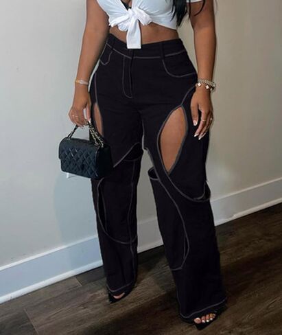 SOMTHRON Women's Sexy Hollow Out High Waisted Pants Criss Cross Straight Wide Leg Loose Trousers Y2K Streetwear in Saudi Arabia