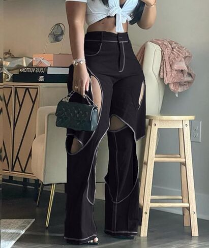 SOMTHRON Women's Sexy Hollow Out High Waisted Pants Criss Cross Straight Wide Leg Loose Trousers Y2K Streetwear in Saudi Arabia