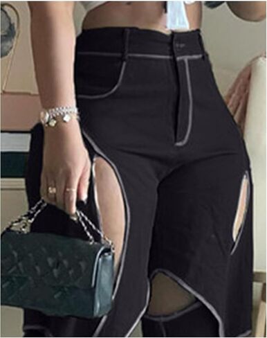 SOMTHRON Women's Sexy Hollow Out High Waisted Pants Criss Cross Straight Wide Leg Loose Trousers Y2K Streetwear in Saudi Arabia