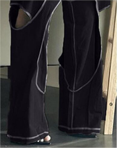 SOMTHRON Women's Sexy Hollow Out High Waisted Pants Criss Cross Straight Wide Leg Loose Trousers Y2K Streetwear in Saudi Arabia
