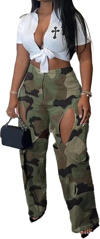 SOMTHRON Women's Sexy Hollow Out High Waisted Pants Criss Cross Straight Wide Leg Loose Trousers Y2K Streetwear in Saudi Arabia