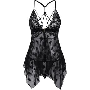 Lingerie for Women Sheer Lace Sleepwear Babydoll, Floral Pattern, Criss-Cross Back, Plus Size Lingerie S-5XL