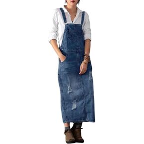 Women's Distressed Denim Pinafore Dress with Adjustable Straps A-Line Jean Overall Dress Featuring Front Split