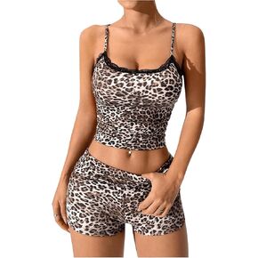 MakeMeChic Women's 2 Piece Outfits Leopard Print Lace Trim Camisole and Shorts Set