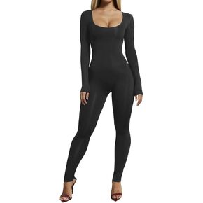 Women's Sexy Long Sleeve Scoop Neck High Waist Bodycon Jumpsuits Solid Color One Piece Workout Rompers