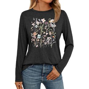 Women Flower Graphic Long Sleeve T Shirt Boho Floral Shirt Vintage Botanical Tee Wildflower Lover Tops