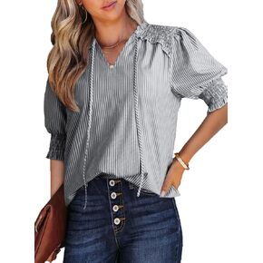 Dokotoo Womens V-Neck Puff Sleeve Shirts Dressy Casual Tunic Tops Drawstring Smocked Striped Blouse