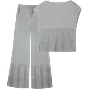 Women's 2 Piece Outfits Lounge Set Knit Cap Sleeve Tops Wide Leg Long Pants Loungewear Casual Tracksuit Sets