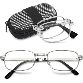 VEVESMUNDO Folding Reading Glasses Lightweight Rectangular Metal Frame Pocket Foldable Readers with Case