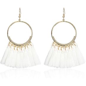 IDB Delicate Fringe Hoop Tassel Earrings with a Large 3 13/16" (3.82" / 98mm) Drop- Small Hoops with Nylon Cord Tassels - Multiple Colors Available