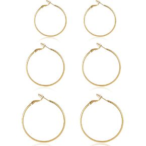 3 Pairs 14k Gold Plated Nickel Free Big Hoop Earrings Set for Women Trendy, Frosted Hypoallergenic Post Thin Loop Gold Plated Hoop Earrings Set for Women Jewelry Gifts