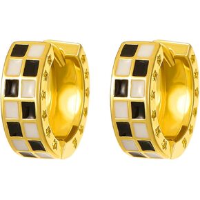 Dainty Checkered Oval Hoop Cartilage Earrings for Women Girls Hypoallergenic White Black Enamel Chic Checker Flag Dangle Earrings Birthday Gifts