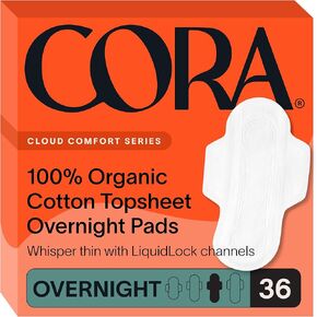 Cora 100% Organic Cotton Topsheet Pads | Ultra Thin Period Pads with Wings | Overnight Absorbency | Ultra-Absorbent Sanitary Pads for Women (36 Count)