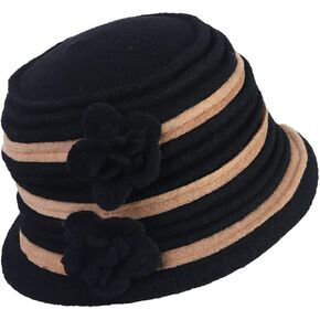 Vintage Women Floral Wool Dress Cloche Winter Hat 1920s