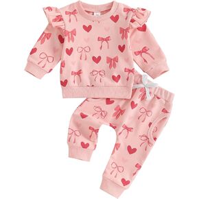 FYBITBO Toddler Baby Girl Christmas Outfit Santa Bow Print Long Sleeve Ruffle Sweatshirt Pants Set 2Pcs Fall Winter Clothes
