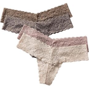 OYOANGLE Women's 4 Pack Floral Lace Thongs Set Low Rise Panties Set Scallop Trim Casual Briefs Underwear Set