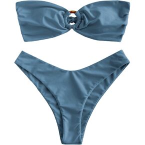 ZAFUL Women's Bandeau Bikini O Ring Strapless Tie Back High Cut Two Piece Swimsuit Bathing Suits (1-Haze Blue, S)