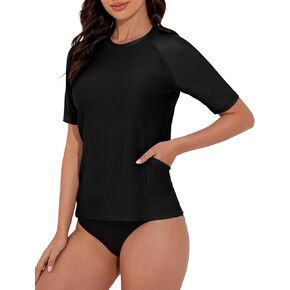 Women's Rash Guard UPF 50+ Short Sleeve Swim Shirt Quick Dry Lightweight Bathing Suit Top Swimsuit Top with Pockets
