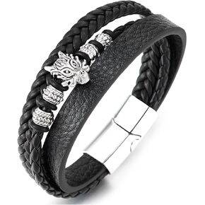 COOLSTEELANDBEYOND Men's Black Leather Bracelet with Intricate Wolf Head Charm, Braided Leather Multi-Strand Wristband