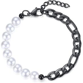 Figaro Chain Pearl Bracelet for Men Silver and Gold