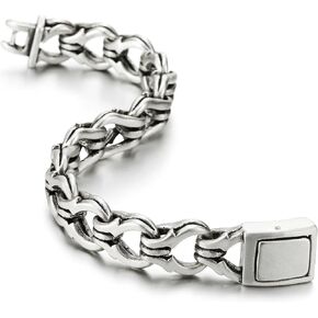 COOLSTEELANDBEYOND Reef Knot Square Knot Link Chain Bracelet for Men, Stainless Steel, Vintage Silver Color, Unique