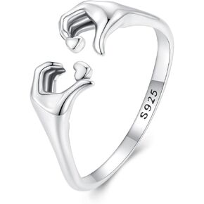 Hand Heart Rings for Couple 925 Sterling Silver Adjustable Hug Rings for Women Simple Silver Rings for Girlfriend Mothers'Day Gift