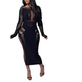 Women's Sexy Hollow Out Long Sleeves See Through Club One Piece Mesh Bodycon Maxi Dress