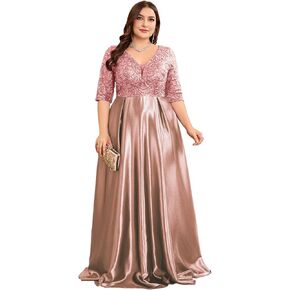 Plus Size Satin Evening Gowns Women Formal for Prom Party OR Wedding Long Sleeves V-Neck Mother of The Bride Dress