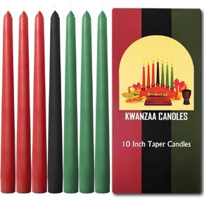 Kwanzaa Taper Candles Set of 7-3 Red, 3 Green, 1 Black - 10 Inch Dripless Tall Candle Premium Quality Candles -Mishumaa Saba Candle