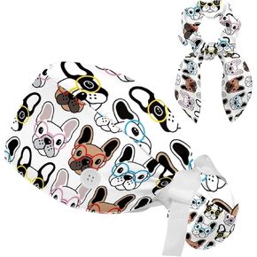 Heart Paw Working Cap Adjustable Surgical Scrub Cap with Bow Hair Matching Scrunchy for Woman Men
