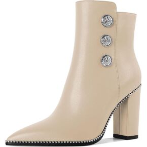 Joseywade Womens Ankle Booties 3.7 Inch Heel Chunky Boots Buttons Beaded Pointed Toe Side Zipper Boots Size 5-13 in Kuwait