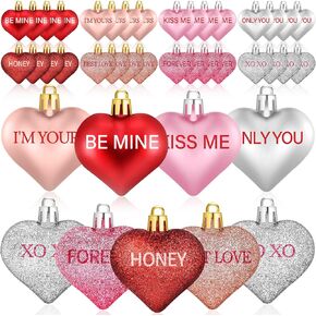32PCS Heart Ornaments for Tree - 8 Styles Valentines Heart Shaped Ornaments with Sweet Love Words Heart Baubles for Romantic Valentines Day Tree Decorations Wedding Anniversary Decor