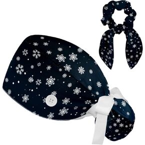 Adjustable Winter Blue Snowflake Surgical Scrub Cap with Button, Ponytail Pouch, Sweatband for Women with Bow Hair Scrunchy