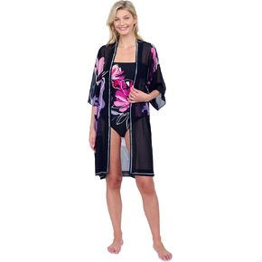 Gottex Water Lily Floral Print Women’s Kimono Flutter Sleeve Tie Bathing Suit Cover-Up Swim Essential