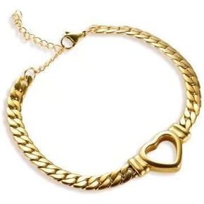Hollow Heart Flat Cuban Link Bracelet for Women Gold Plated Stainless Steel Punk Statement Chunky Chain Dainty Charm Love Heart Bangle Bracelets Ankle Hip Hop Jewelry Valentine's Day Gifts