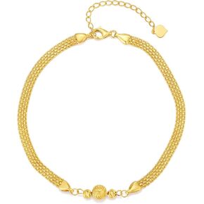 SISGEM 18k Gold Mesh Link Bracelets for Women, Yellow Gold Diamond-cut Bead Ball Bracelet Fine Adjustable Chain Jewelry