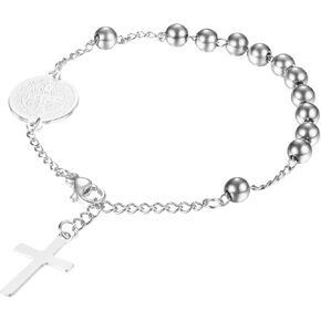 OIDEA Rosary Bracelet for Women: Christian Rosary Cross Bead Link Chain Bracelet Adjustable Saint Benedict Medal Religious Jewelry Gifts