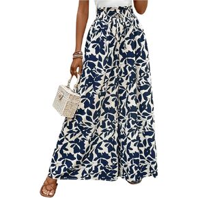 MakeMeChic Women's Floral Wide Leg Trousers Elastic High Waist Frill Trim Loose Long Palazzo Pants