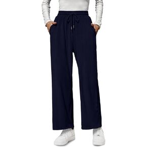 Womens Wide Leg Casual Pants with Pocket High Waisted Adjustable Knot Loose Trousers