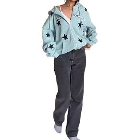 ROAONOCOMO Y2K Aesthetic Zipper Hoodie Sweatshirt Long Sleeve Harajuku Punk Grunge Outfit Retro Vintage Oversized Outwear, Star Gray 2