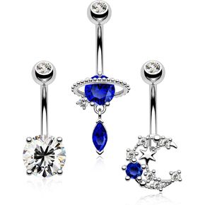 Melighting 14G Belly Button Rings Pack Stainless Steel 316L Blue Belly Rings for Women Clear CZ Planet Belly Piercing Moon Navel Barbell Body Piercing Jewelry (Blue)