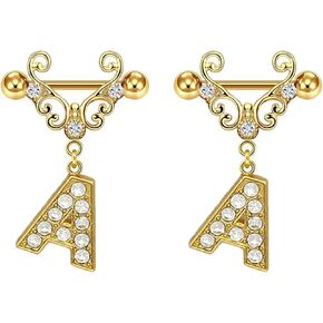 2Pcs Gold Nipple Rings Name Letter Dangle for Women 14GA 316L Surgical Steel Cubic Zirconia Hypoallergenic Nipple Piercing Jewelry