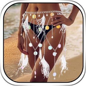 REETAN Feather Pearl Belly Chain Iridescent Sequin Chain Skirt Boho Bikini Body Accessory for Women