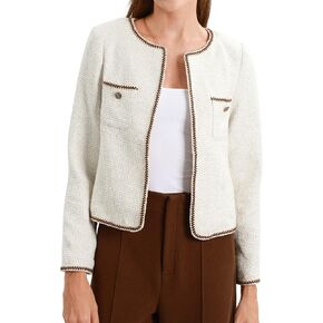 Xintianji Womens Open Front Cropped Blazer Jacket - Uncollared Sparkling Yarn Pockets Long Sleeve Business Casual Blazer