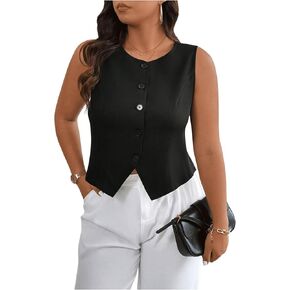 MakeMeChic Women's Plus Size Button Down Vestt Tops Crew Neck Sleeveless Blazer Vest Work Office Jacket
