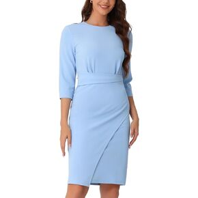 Allegra K 3/4 Sleeve Bodycon Pencil Dress for Women's Round Neck Wrap Wear to Work Church Midi Dress